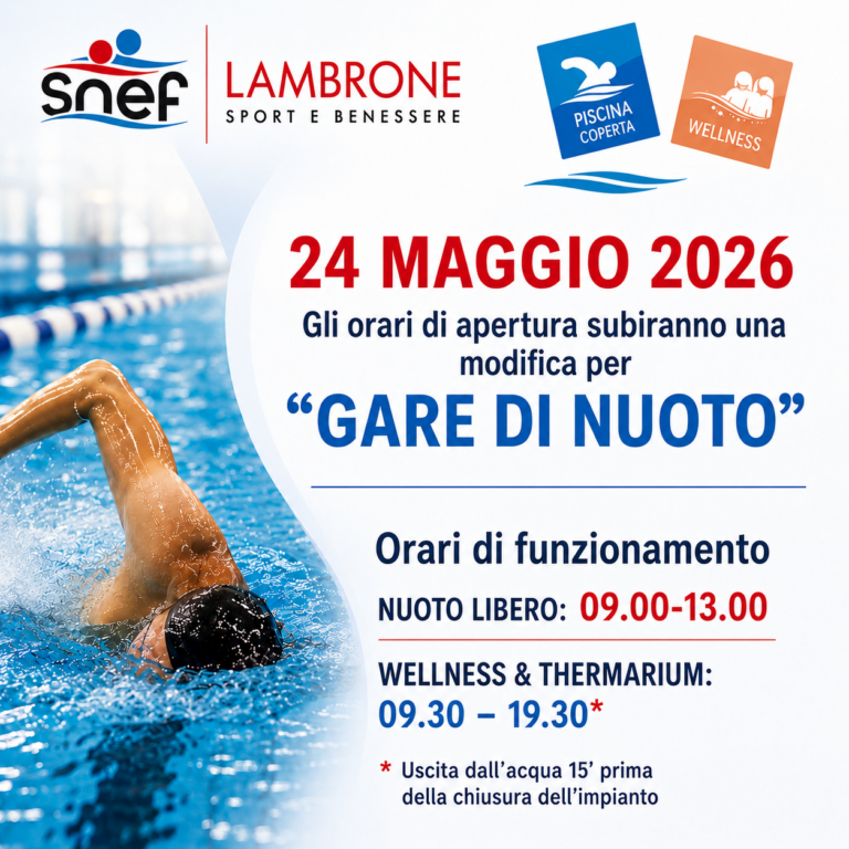 News avviso orari gare di nuoto 24 maggio 2026 snef lambrone