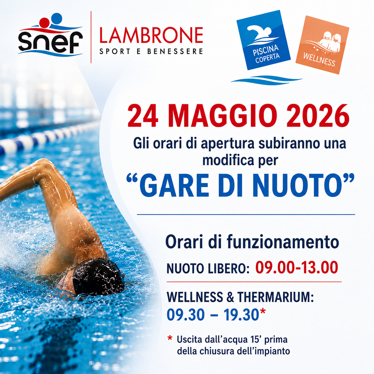 Home avviso orari gare di nuoto 24 maggio 2026 snef lambrone